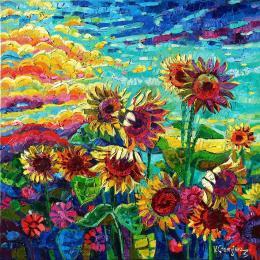 Painting When the sunflowers meet the clouds by Georgieva Vanya | Painting Figurative Oil Landscapes