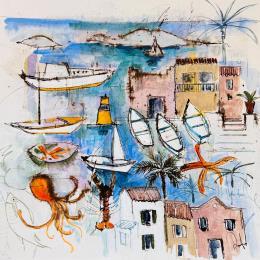 Painting Regard sur Malmousque by Colombo Cécile | Painting Naive art Acrylic, Gluing, Ink, Pastel, Watercolor Landscapes, Marine, Nature