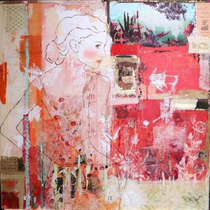 Painting l'Eau du Rose by Sablyne | Painting Figurative Acrylic, Cardboard, Gluing, Gold leaf, Ink, Paper, Pastel, Pigments, Upcycling, Wood Life style, Nude, Portrait