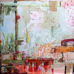 Painting Verte Epice by Sablyne | Painting Figurative Acrylic, Gluing, Gold leaf, Ink, Paper, Pastel, Pigments, Upcycling Life style, Nude, Portrait