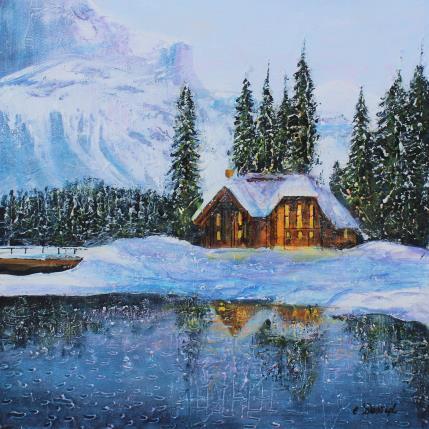 Peinture Le chalet enneigé par Dessapt Elika | Tableau Impressionnisme Acrylique, Sable