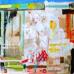 Painting Femme de Plume by Sablyne | Painting Raw art Acrylic, Cardboard, Gluing, Gold leaf, Ink, Paper, Pastel, Pigments, Upcycling, Wood Animals, Life style, Portrait