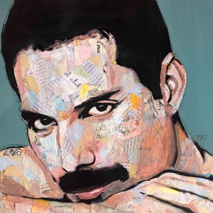 Peinture Freddie Mercury Queen par G.C.Popartist | Tableau Pop-art Acrylique, Collage, Encre, Huile, Papier, Upcycling Icones Pop, Musique, Portraits