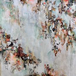 Peinture Another Day in Paradise with You par Bergeron Marie-Josée | Tableau Surréalisme Acrylique, Collage, Huile