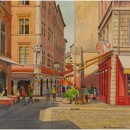 Peinture Lyon rue St Jean, la vie en rose par Decoudun Jean charles | Tableau Figuratif Aquarelle Urbain