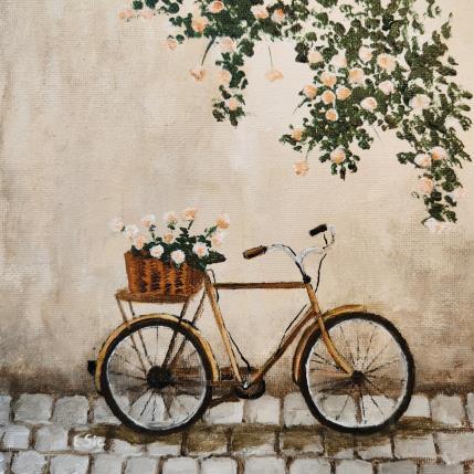 Peinture Bicyclette sous les rosiers par Sie Evelyne | Tableau Figuratif Acrylique Scènes de vie