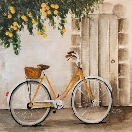 Peinture Bicyclette sous les orangers par Sie Evelyne | Tableau Figuratif Acrylique Scènes de vie