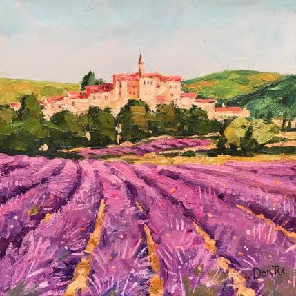 Peinture Le village perché dans les champs de lavande par Dontu Grigore | Tableau Figuratif Huile Urbain