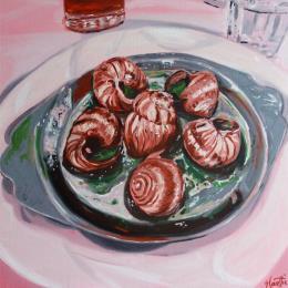 Peinture Plate of 6 Burgundy Snails par Coueffic Sébastien | Tableau Figuratif Huile Natures mortes, Scènes de vie