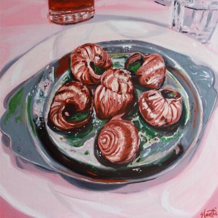Peinture Plate of 6 Burgundy Snails par Coueffic Sébastien | Tableau Figuratif Huile Natures mortes, Scènes de vie
