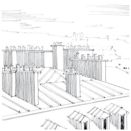 Peinture La danse des cheminées de Paris  par Bailly Kévin  | Tableau Figuratif Aquarelle, Encre Architecture, Urbain