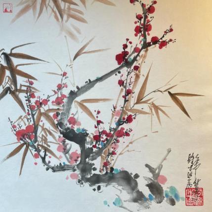 Peinture Cherry blossom and bamboo par Yu Huan Huan | Tableau Figuratif Aquarelle, Encre Nature