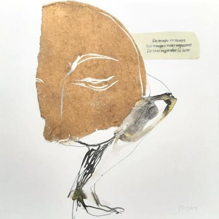 Peinture Moment sans douleur, une lune pâle en plein jour  par Pagny Corine | Tableau Art Singulier Collage, Encre Nu