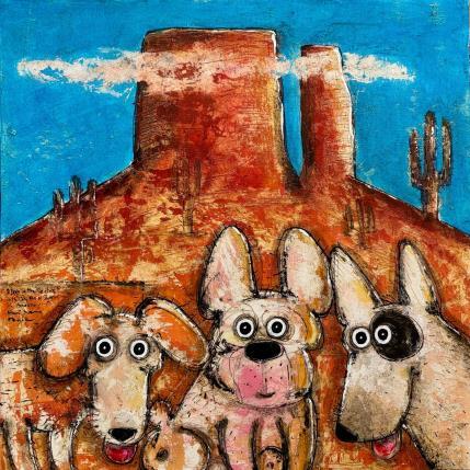 Peinture 3 Dogs in the Canyons of Sedona, Arizona par Maury Hervé | Tableau Art Singulier Acrylique, Encre, Pigments, Sable Animaux