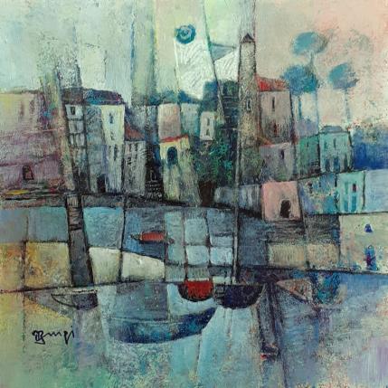 Peinture AL107 LA VILLE BLEUE par Burgi Roger | Tableau Figuratif Acrylique Marine, Paysages, Urbain