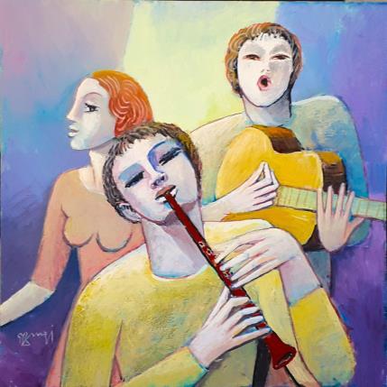Peinture AQ75 LE TRIO par Burgi Roger | Tableau Figuratif Acrylique Musique, Scènes de vie