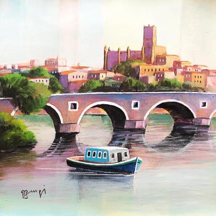 Peinture AR13  LE BATEAU BLEU par Burgi Roger | Tableau Figuratif Acrylique Marine, Paysages, Urbain