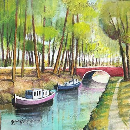 Peinture AR18 PONT ROUGE SUR LE CANAL par Burgi Roger | Tableau Figuratif Acrylique Marine, Nature, Paysages