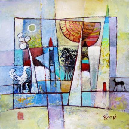 Peinture AL96 DRÔLE DE RENCONTRE par Burgi Roger | Tableau Abstrait Acrylique Paysages, Scènes de vie