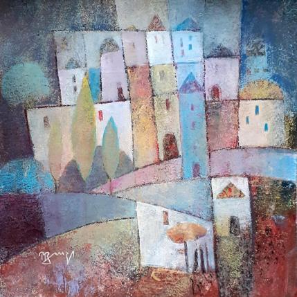 Peinture AO80 VILLAGE A LA TOUR BLEUE  par Burgi Roger | Tableau Figuratif Acrylique Nature, Paysages, Urbain