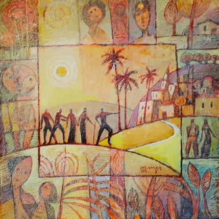 Peinture AQ71 LES RANDONNEURS par Burgi Roger | Tableau Figuratif Acrylique Nature, Paysages, Scènes de vie