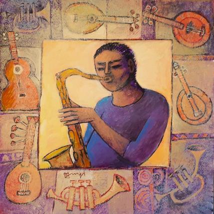 Peinture AQ73 LE SAXO par Burgi Roger | Tableau Figuratif Acrylique Musique, Scènes de vie