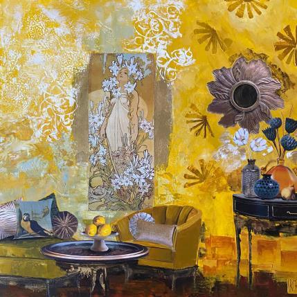 Peinture L’invitée  par Romanelli Karine | Tableau Figuratif Acrylique, Collage, Feuille d'or, Papier, Pastel, Posca Scènes de vie