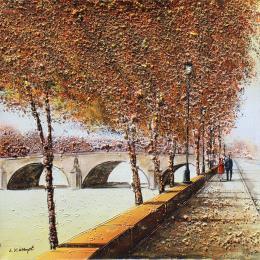 Peinture Coucher de soleil sur l'île saint-louis par Dessapt Elika | Tableau Impressionnisme Acrylique, Sable