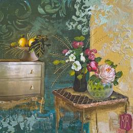 Painting La beauté des fleurs  by Romanelli Karine | Painting Figurative Acrylic, Gluing, Gold leaf, Paper, Pastel Still-life