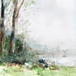 Painting Lecture au bord de la Loire by Gutierrez | Painting Impressionism Watercolor Landscapes