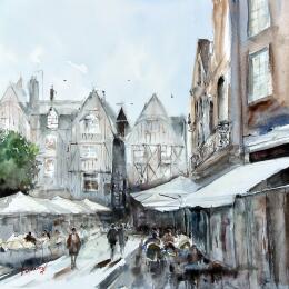 Painting La Place Plumereau by Gutierrez | Painting Figurative Watercolor Urban