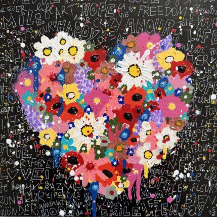 Peinture COEUR FLOWERS par Mam | Tableau Street Art Acrylique Nature, Natures mortes, Noir & blanc