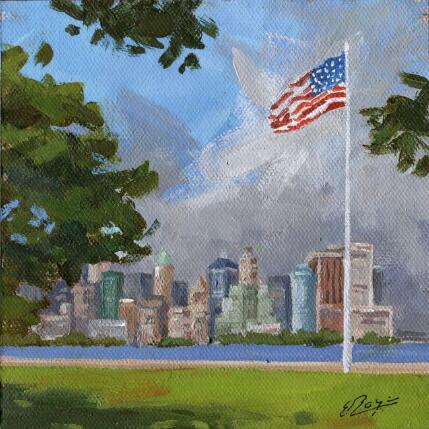 Peinture Ny vu de Ellis island par Elisabeth Bazin | Tableau Figuratif Acrylique Architecture