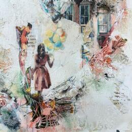 Painting Going to you by Bergeron Marie-Josée | Painting Surrealism Acrylic, Gluing, Ink, Paper, Pastel Pop icons