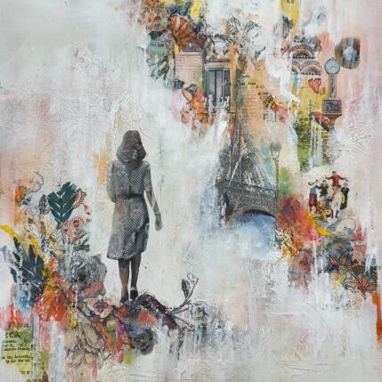 Peinture Entre Paris et l'autre bout du monde par Bergeron Marie-Josée | Tableau Abstrait Acrylique, Collage, Papier, Pastel, Posca