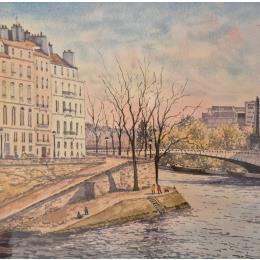 Painting Paris le Pont de la Tournelle by Decoudun Jean charles | Painting Figurative Watercolor Urban