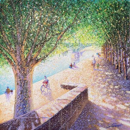Peinture Sous les arbres le long de la Seine  par Dessapt Alan | Tableau Impressionnisme Acrylique, Huile Urbain