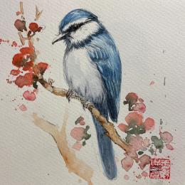 Painting Blue Jay Bird by Yu Huan Huan | Painting Figurative Ink, Watercolor Animals, Nature