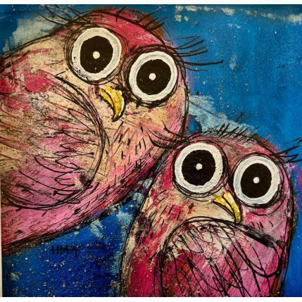 Peinture 2 chouettes roses par Maury Hervé | Tableau Art Singulier Acrylique, Encre, Pigments, Sable Animaux