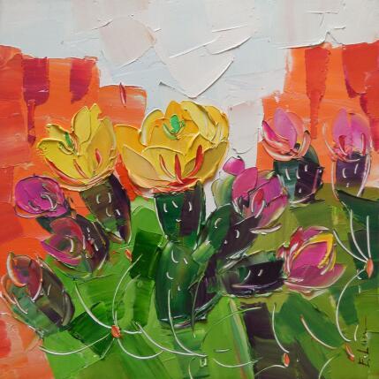 Peinture Spring cactus in bloom par Lunetskaya Elena | Tableau Figuratif Huile Minimaliste, Nature, Paysages