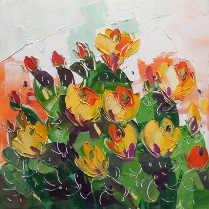 Peinture Prickly Pear Cactus Flowers par Lunetskaya Elena | Tableau Figuratif Huile Minimaliste, Nature, Paysages
