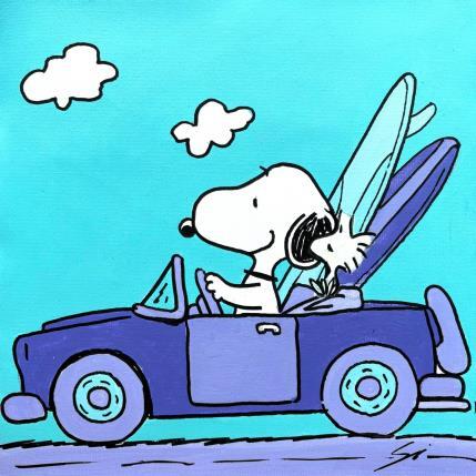 Peinture SNOOPY DRIVES WITH A FLUOR FRIEND par Mestres Sergi | Tableau Pop-art Acrylique, Graffiti Icones Pop