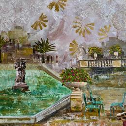 Peinture Le temps de la promenade  par Romanelli Karine | Tableau Figuratif Acrylique, Collage, Feuille d'or, Papier, Pastel, Posca Paysages, Scènes de vie, Urbain