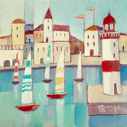 Peinture AO06 LE PHARE ROUGE par Burgi Roger | Tableau Figuratif Acrylique Marine, Paysages, Urbain