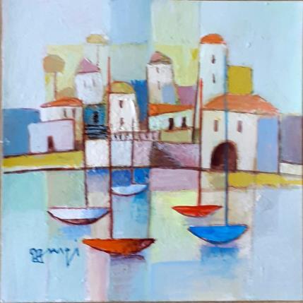 Peinture AO172 LE VILLAGE BLANC par Burgi Roger | Tableau Figuratif Acrylique Marine, Paysages, Urbain