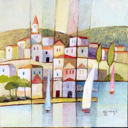 Peinture AO65 BORD DU LAC par Burgi Roger | Tableau Figuratif Acrylique Marine, Paysages, Urbain