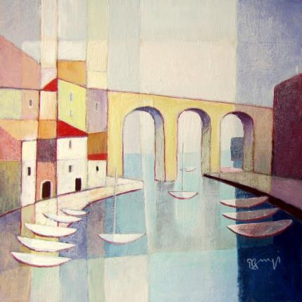 Peinture AN229 LE PONT JAUNE par Burgi Roger | Tableau Figuratif Acrylique Marine, Paysages, Urbain