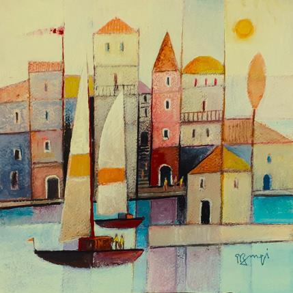 Peinture AQ51 LA TOUR ROUGE par Burgi Roger | Tableau Figuratif Acrylique Marine, Scènes de vie, Urbain
