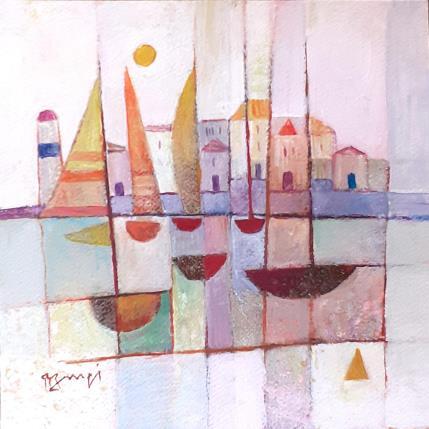 Gemälde AQ52 BATEAUX ROUGES von Burgi Roger | Gemälde Figurativ Acryl Landschaften, Marine, Urban