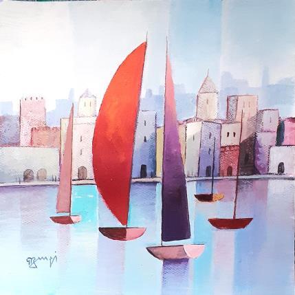 Peinture AR56 LA VOILE ROUGE par Burgi Roger | Tableau Figuratif Acrylique Marine, Paysages, Urbain
